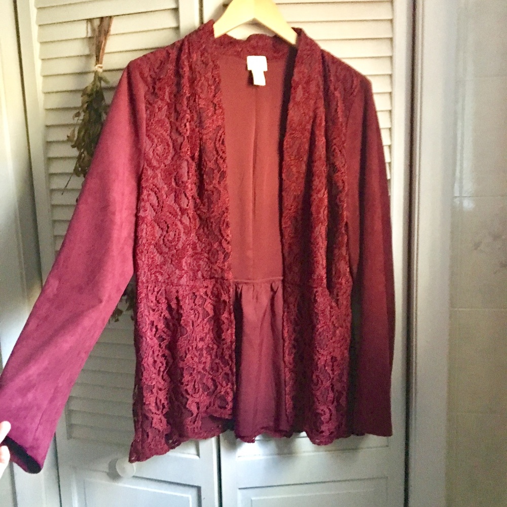 {Chico's} Cranberry Peplum Lace Overlay Jacket, L - Picture 3 of 8